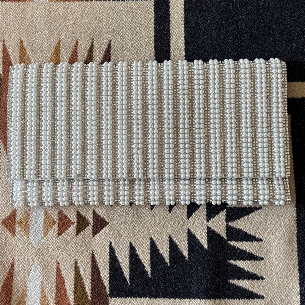 Aqua Brand Pearl and Rhinestone Evening Clutch with Detachable Chain Strap